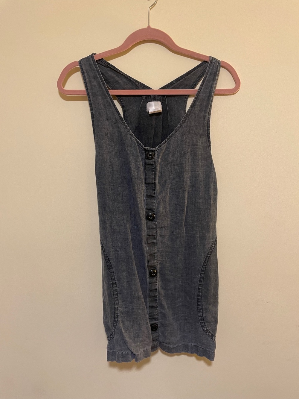 Flax Washed Denim Button-Front Tank Dress - Gray